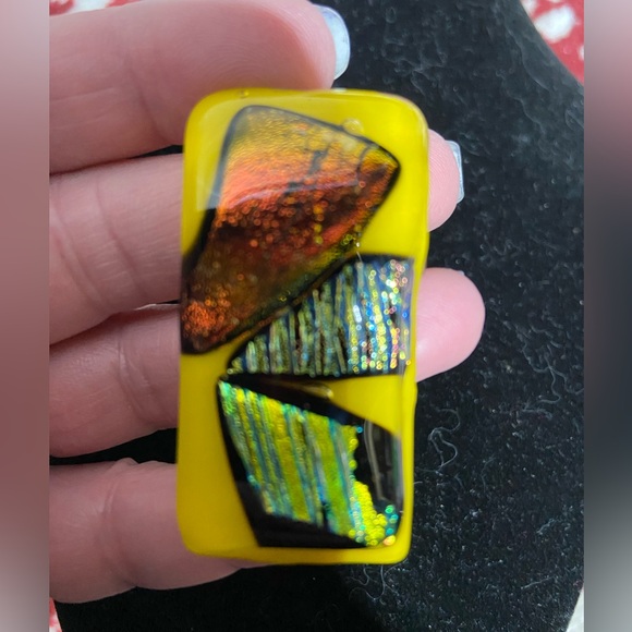 Art-Glass Pendant Yellow with Orange, Blue and Green Shapes - Picture 4 of 4